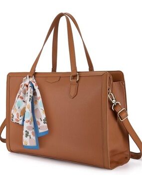 Structured Cognac Tote with Accent Scarf
